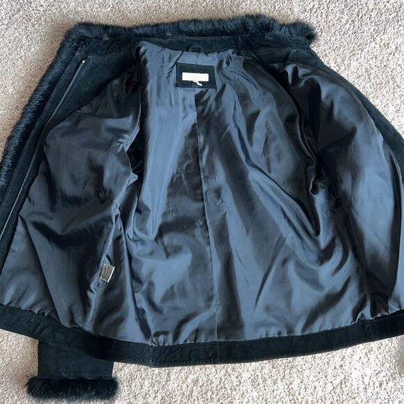 Yvonne Le Marie Black Suede Leather Jacket with Rabbit Fur Trim. Size 12 - Picture 9 of 13